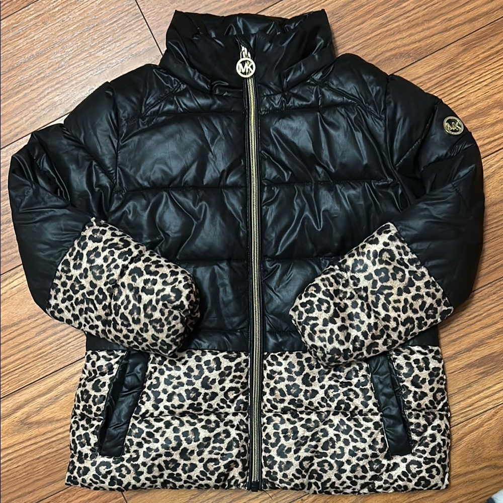 Michael Kors Black and Leopard Print Kids Jacket, puffer jacket coat size 4